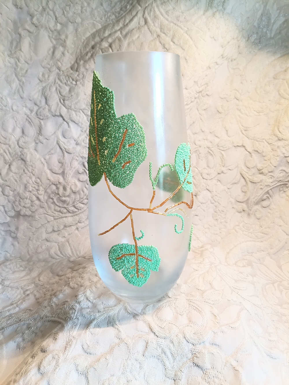 Frosted Glass Vase with Green Leaf Design